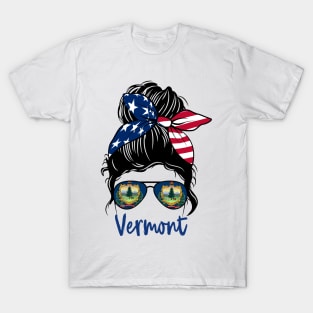 Vermont girl Messy bun , American Girl , Vermont Flag T-Shirt